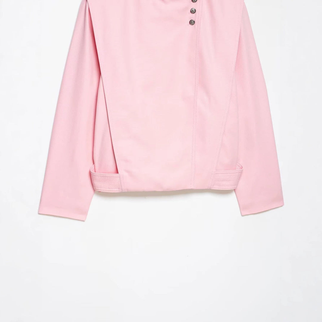 Dam 20+ Tailored Kort Blouson Jacka med Stå Krage och Asymmetrisk Tryckknapp Knapp Knäppning