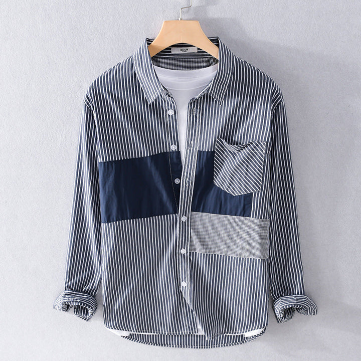 Herr Randig Overshirt med Färg Block Inlägg och Utanpå Bröstficka