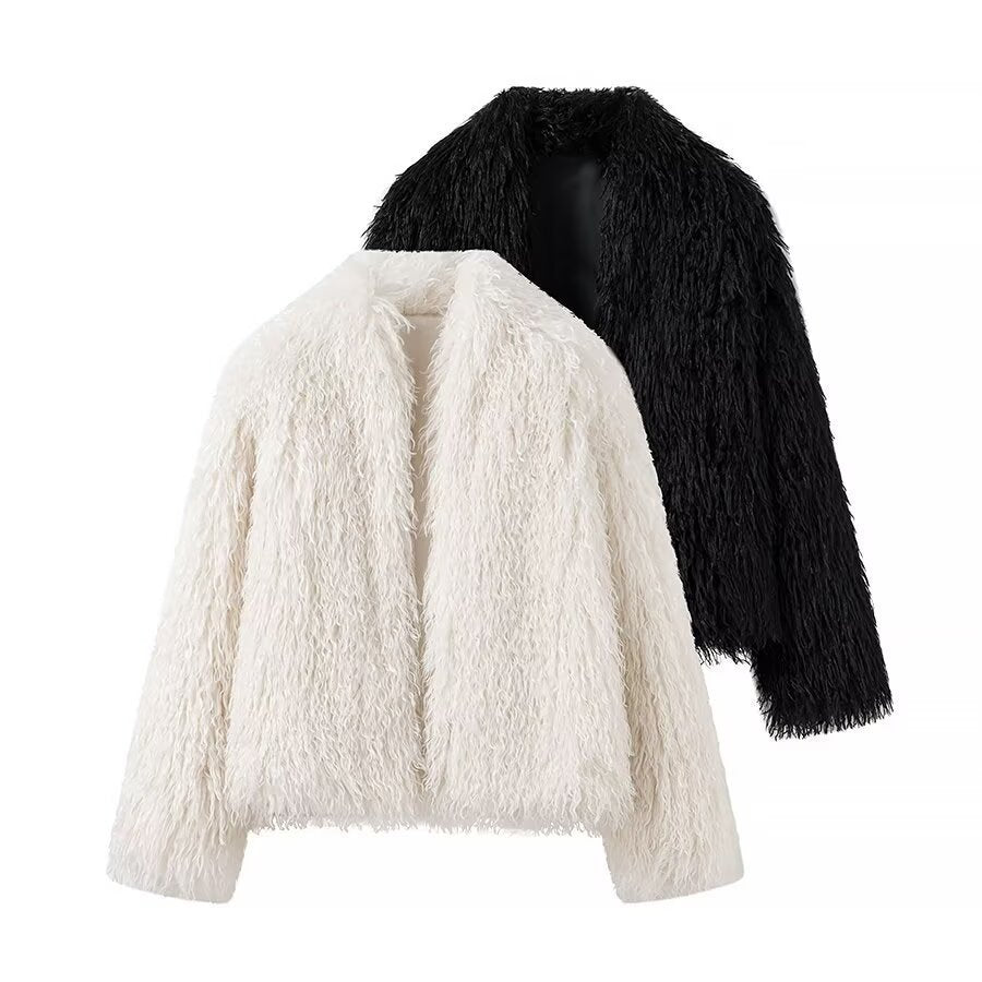 Dam kort Plush Faux Fur jacka med Voluminous Texture
