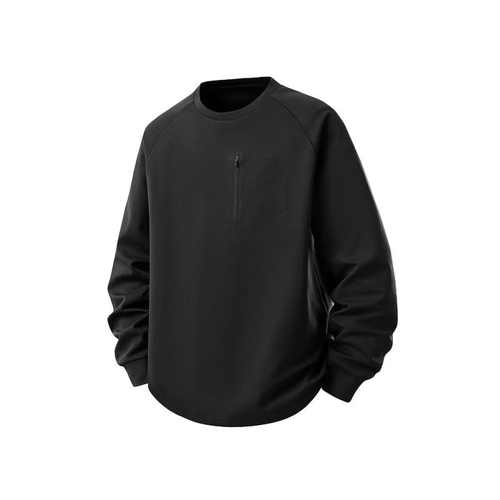 Herr Crew Neck College-Tröja med Bröst Dragkedja, Perforated Utility Lock, och Avslappnad Passform