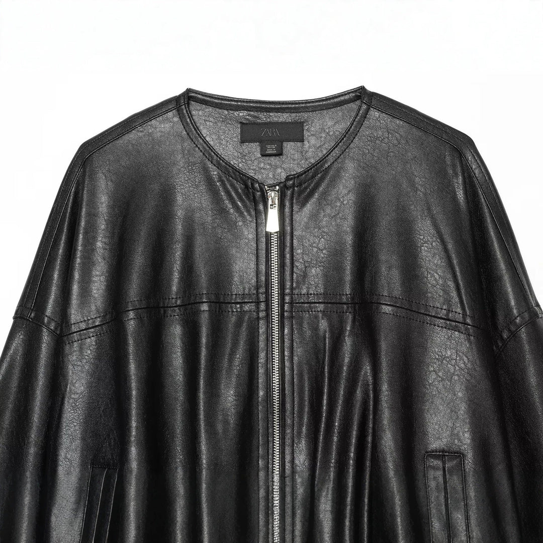 Dam Oversize Faux Läder Blouson med Round Neckline, Dragkedja och Side Fickor