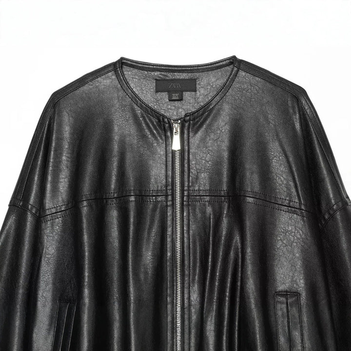 Dam Oversize Faux Läder Blouson med Round Neckline, Dragkedja och Side Fickor