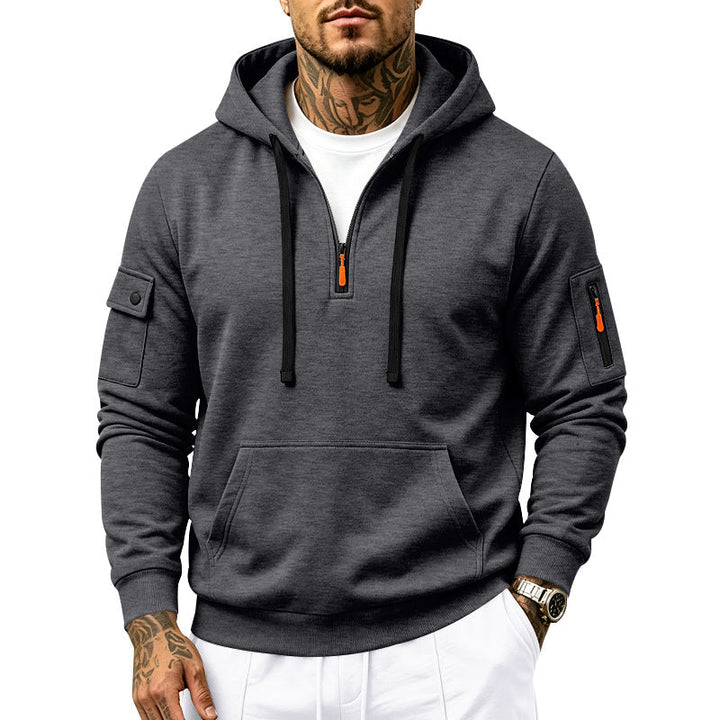 Herr Utility Halv Dragkedja med Huva Pullover med Ärm Fickor och Känguruficka