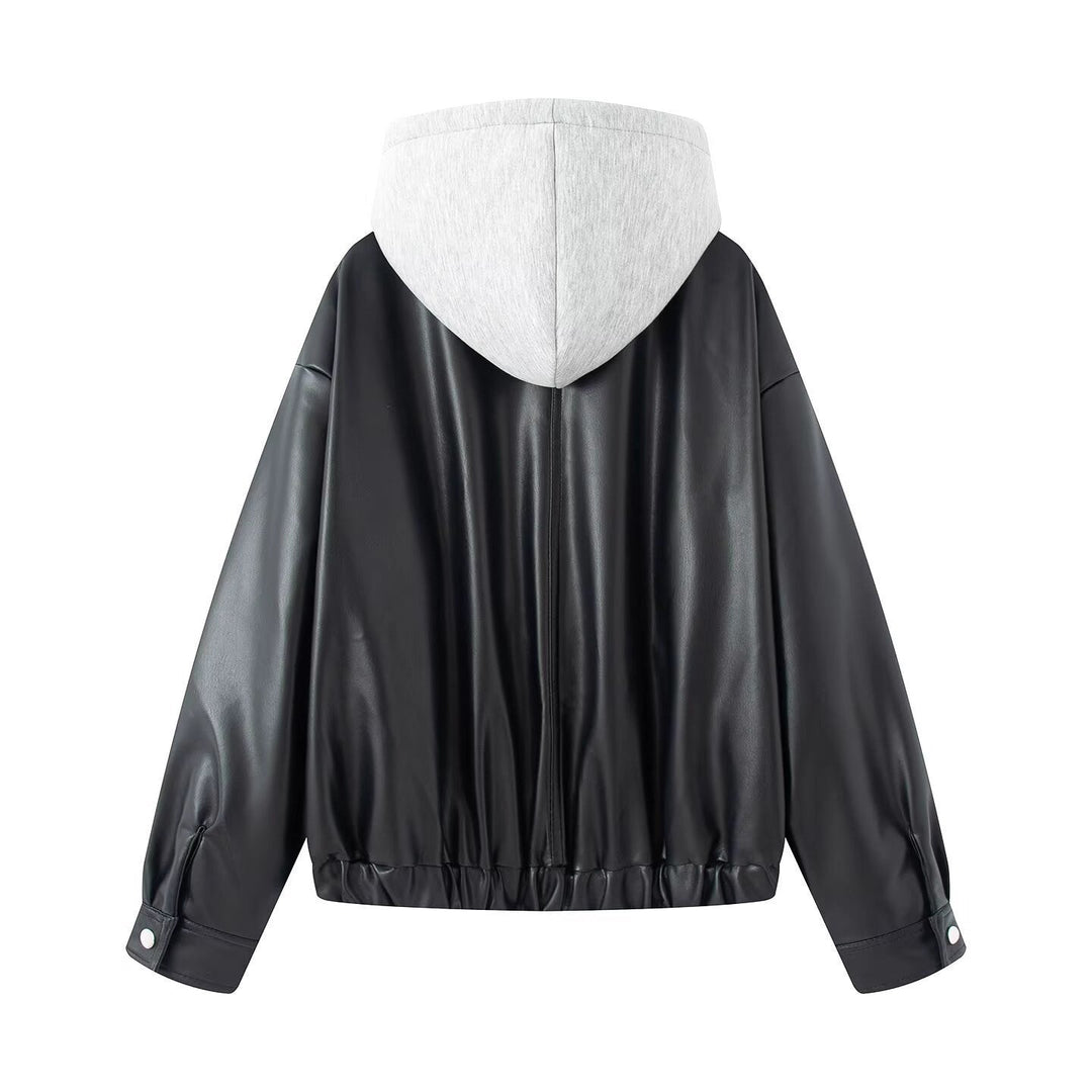 Dam Oversized Konstläder Blouson med Huva Insert och Lockfickor