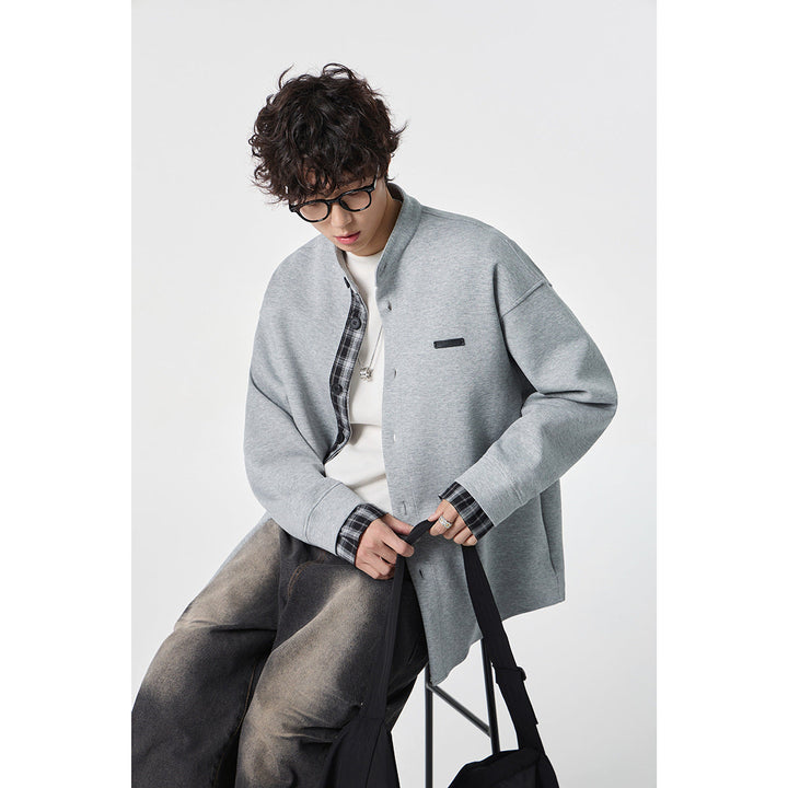 Unisex Oversized Skjorta Jacka i Sweat Overlay med Ståkrage och Rutig Inner Cuff