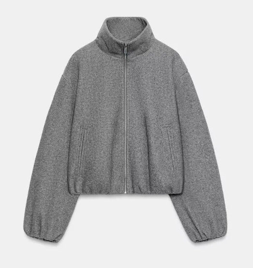 Dam Kort Skärning Bouclé Blouson Jacka med Stå Krage, Elastic Nederkant och Balloon Ärmar