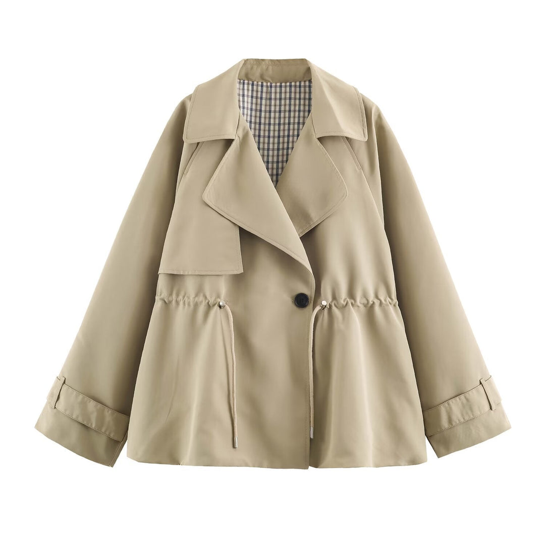 Dam Kort Oversize Trenchcoat med Drawstring Waist och Wide Lapels