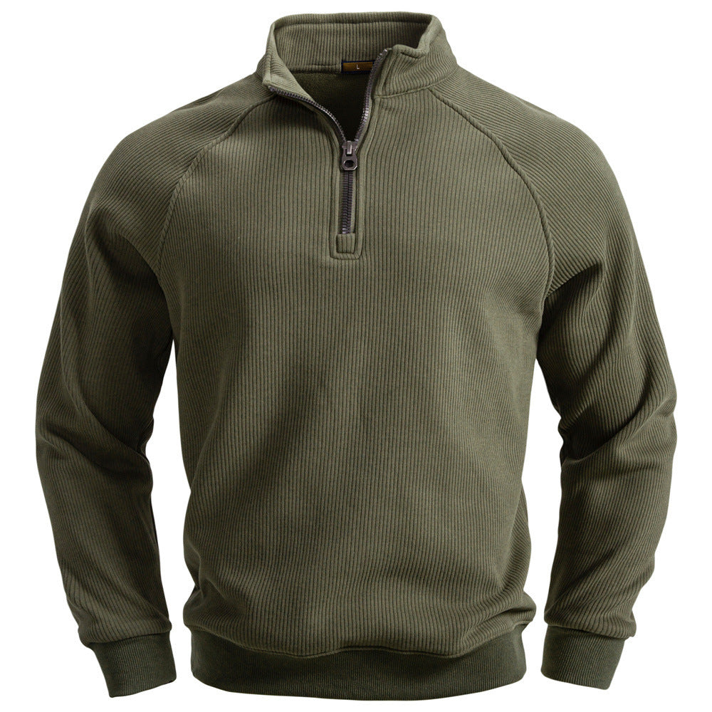Herr Fin Ribbad Halv Dragkedja Pullover med Ståkrage, Raglanärmar, och Elastiska Muddar