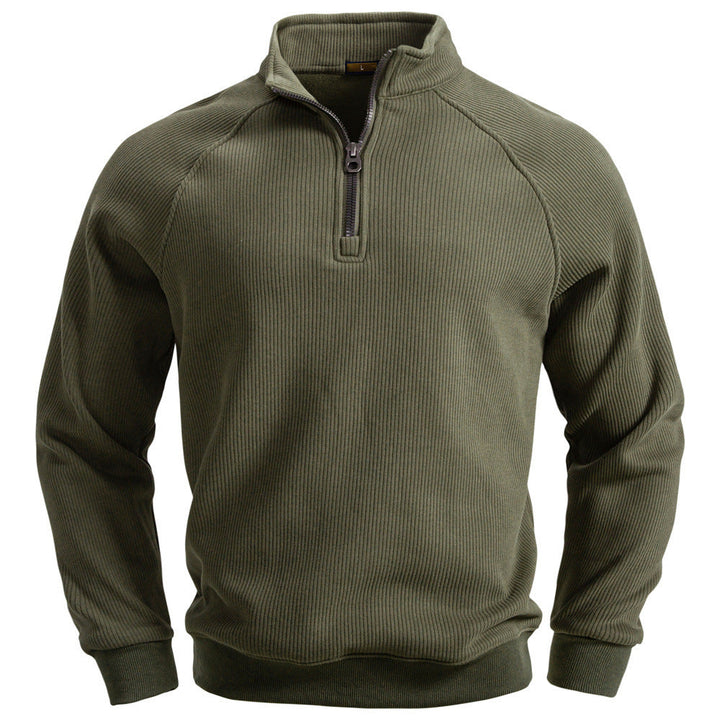 Herr Fin Ribbad Halv Dragkedja Pullover med Ståkrage, Raglanärmar, och Elastiska Muddar
