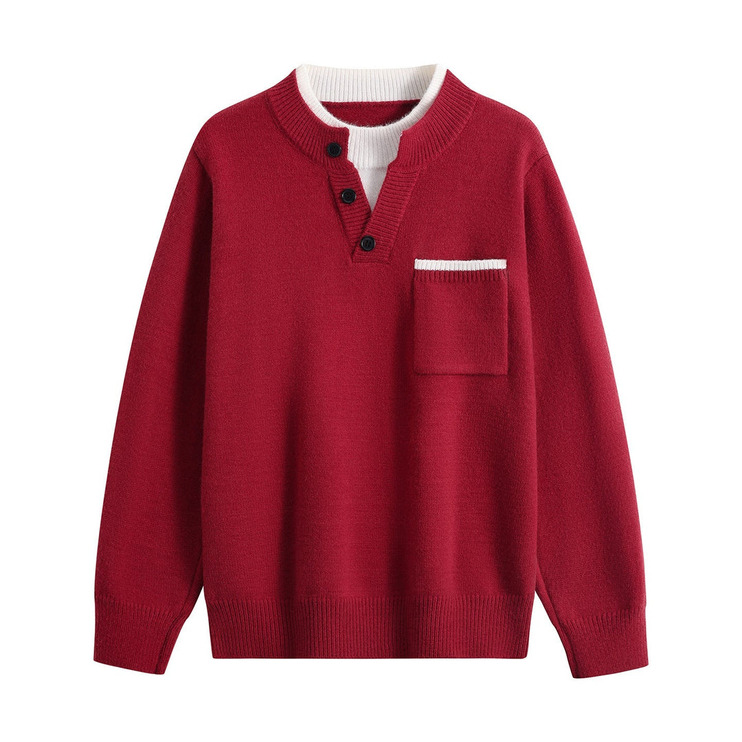 Herr Fin Stickad Henley Tröja med Knapplist, Bröstficka &amp; Contrast Krage