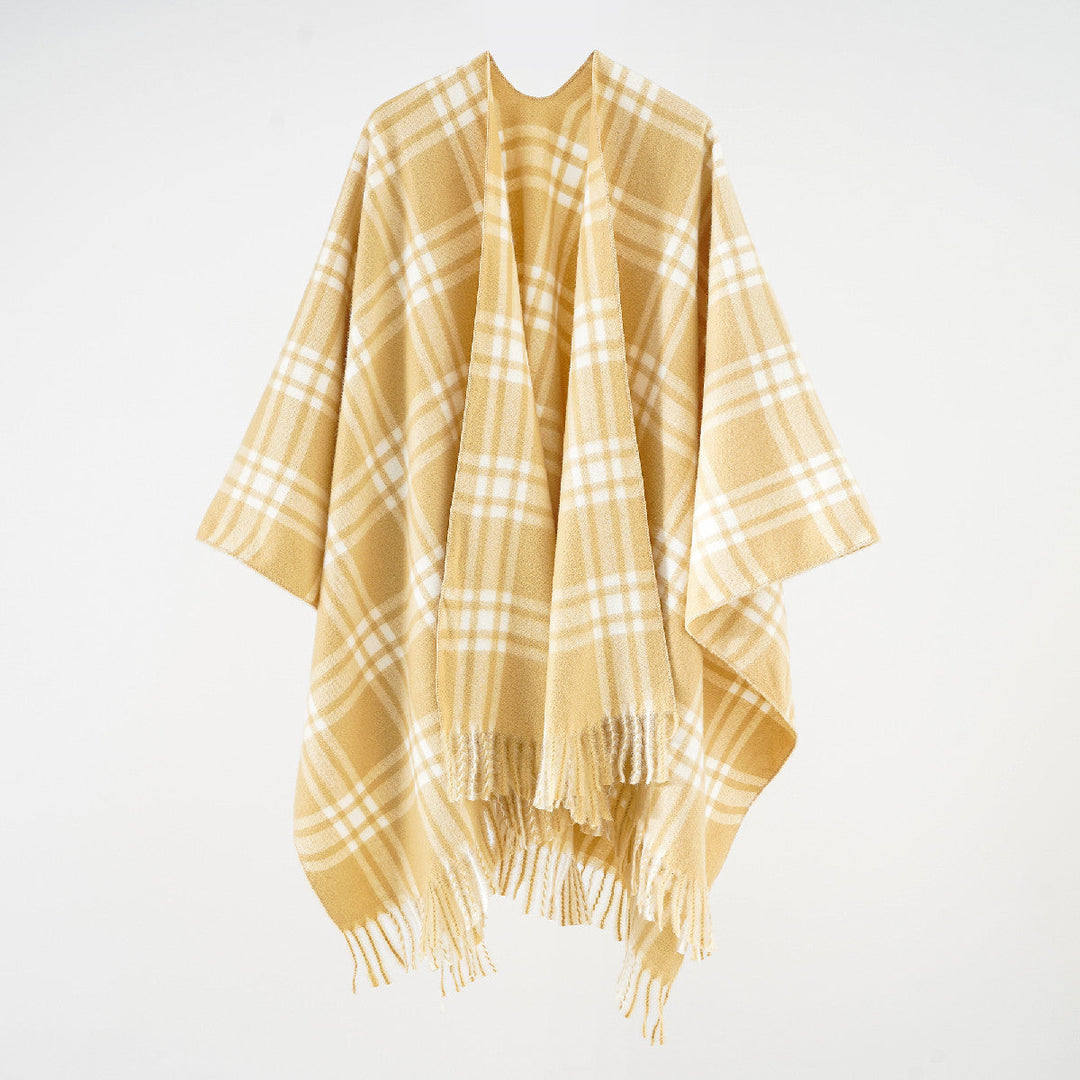 Dam rutig ullblandning kimono Cape Wrap med öppen front och Fringes