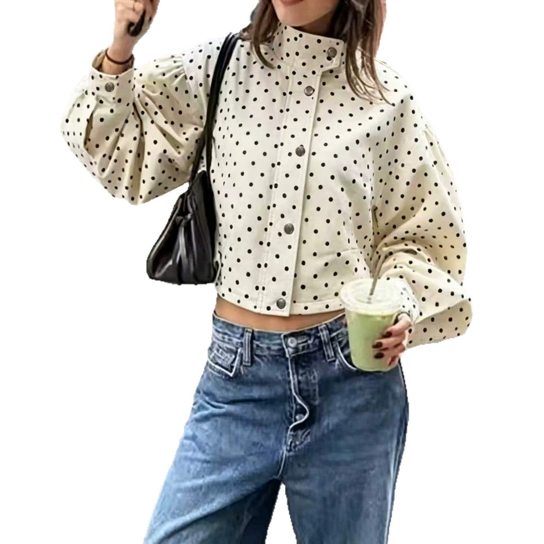 Dam Polka Dot Cropped jacka med Stand krage, Balloon ärmar, och Snap knappar