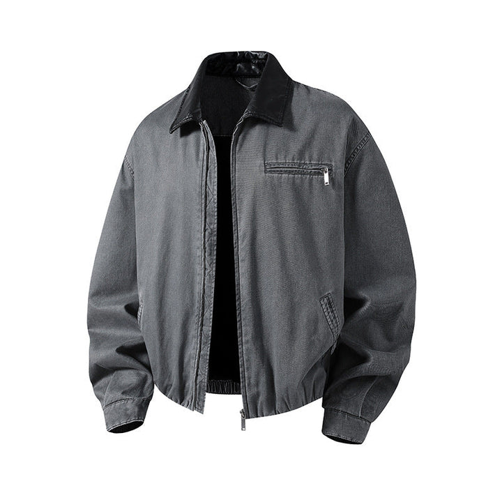 Herr Boxig-Denim Overskjortjacka med Läder Krage, Bröstficka med Dragkedja &amp; Elastisk Fåll