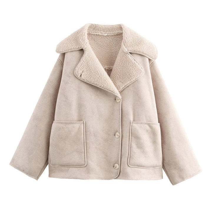Dam Kort Lambskin Look Jacka i Boxig Skärning med Sjalrakrage och Utanpåfickor