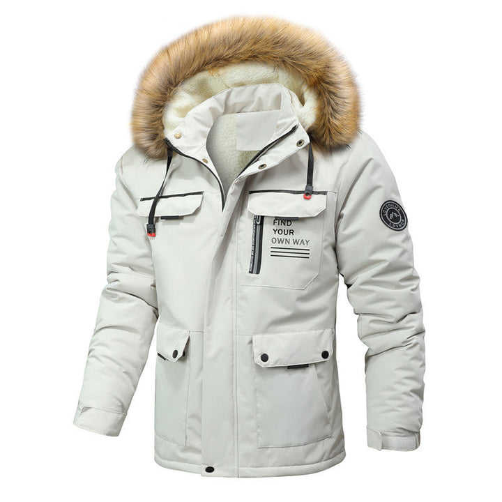 Herr Thermo Parkas i Expedition Stil med Avtagbar Imitation Päls Huva och Multifunktionell Fickor