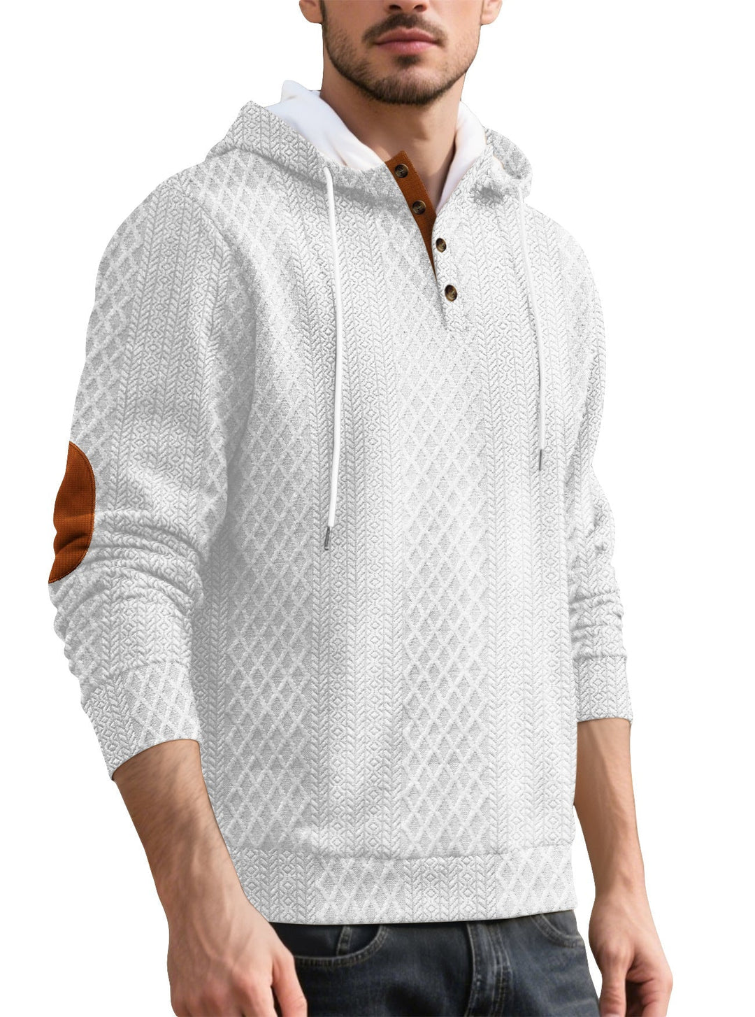 Herr Nan Diamond Structure Luvtröja med Kort Knapplist, Quiltad Huva Inner Edge, och Mocka Elbow Lapp