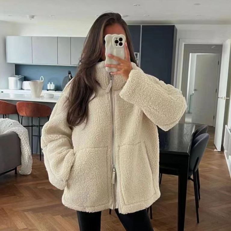 Dam Teddyfleecejacka med Stå Krage och Läder-Look Details