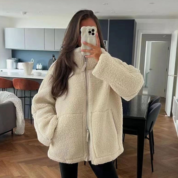 Dam Teddyfleecejacka med Stå Krage och Läder-Look Details