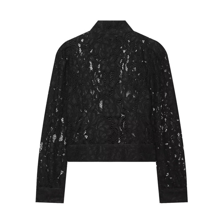 Dam Kort Lace Jacka med Stå Krage, Blommig Lace och Continuous Knapp Knäppning