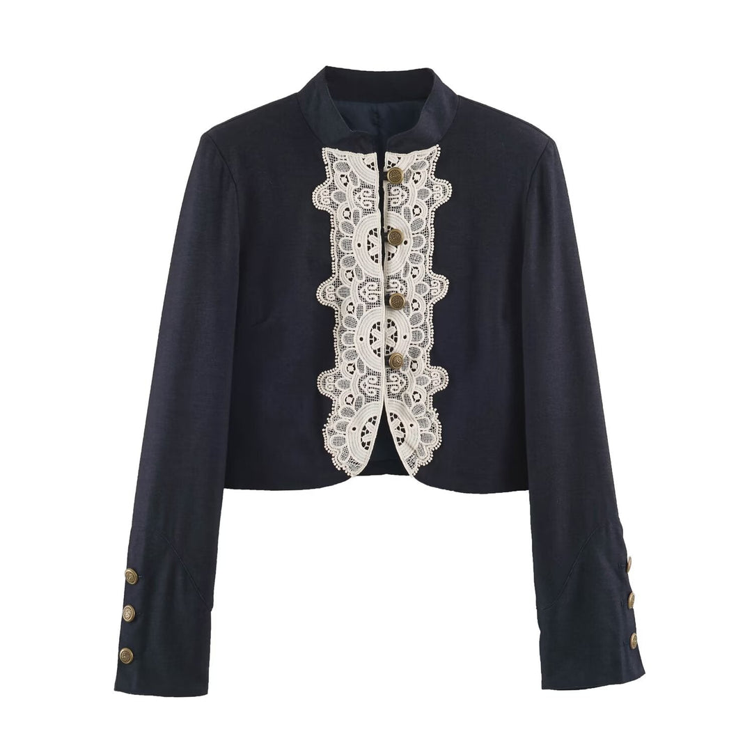 Dam Kort Bolero Blazer med Lace Front och Dekorativ Knapp Details