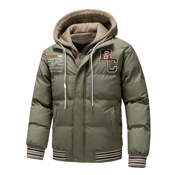 Herr Vadderad Quiltad Jacka med Hoodie Insert och College Patches