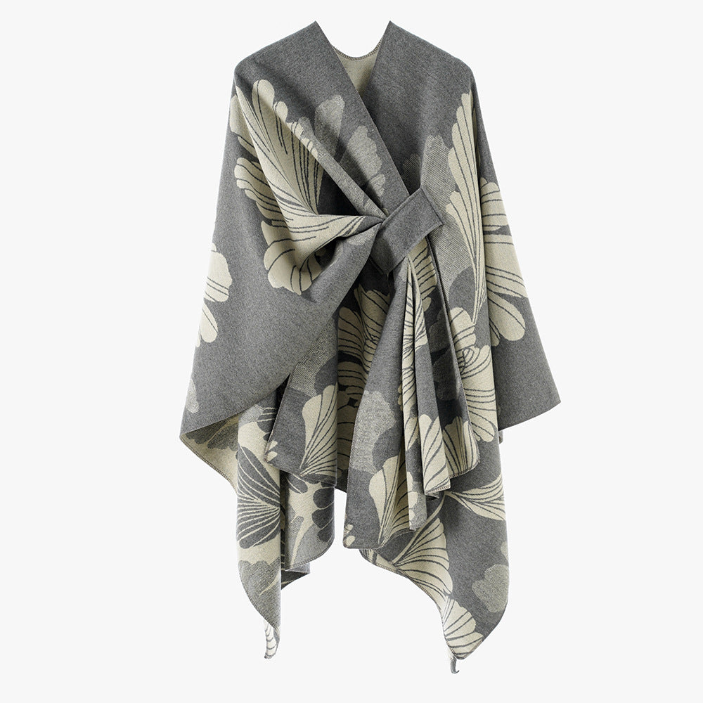 Dam Oversized Jacquard Cape Gjord av Ullblandning med Blommig Jacquard och Fram Loop