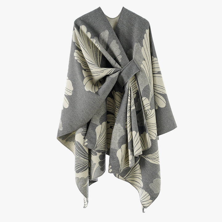 Dam Oversized Jacquard Cape Gjord av Ullblandning med Blommig Jacquard och Fram Loop