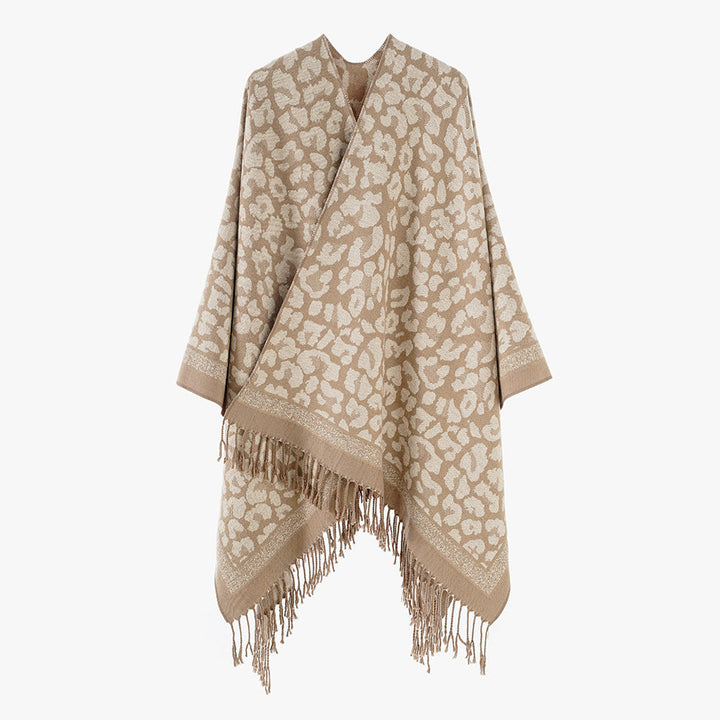 Dam Oversize Cape med Jacquard Leopard mönster, Open Fall och Fringes