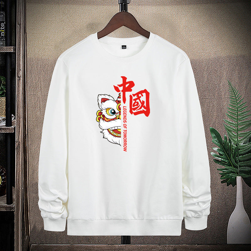 Herr College-Tröja med Traditional Lion Dance Motif och Round Neckline