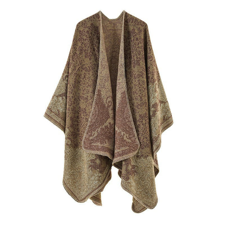 Dam Ornamental Jacquard capeponcho med Open Fall och Decorative Overlock Stitch