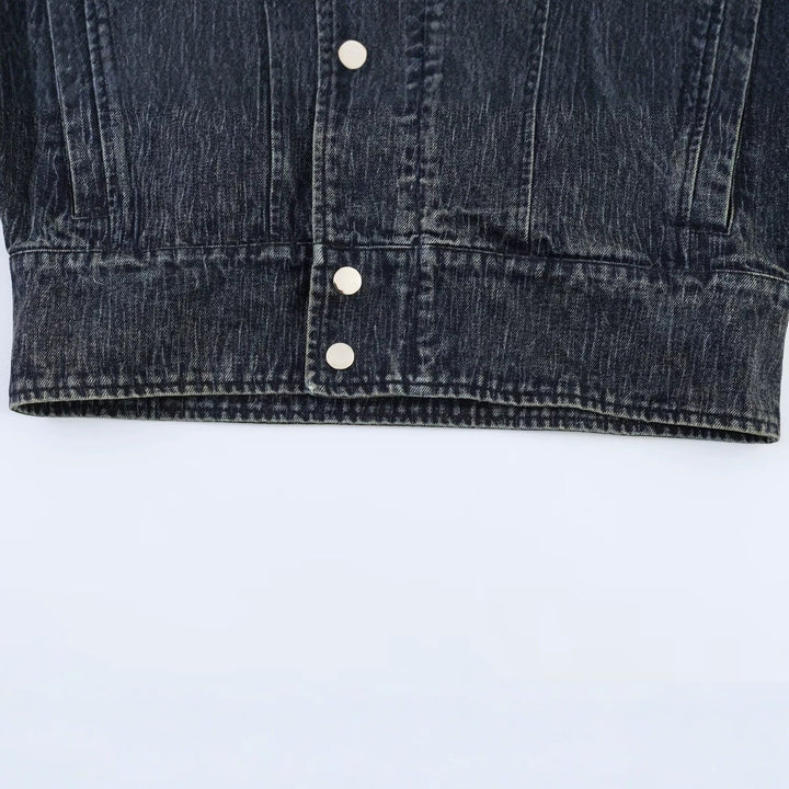 Dam Oversize Denimjacka med Stora Shawl Krage och Used Effect