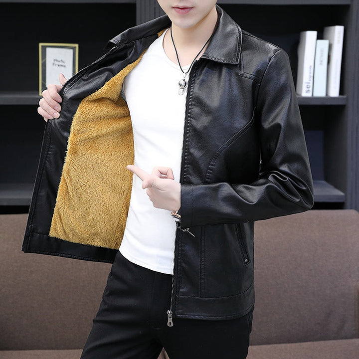 Herr Leather-Look Zip Jacka med Warming Teddyfoder och Minimal Söm Design