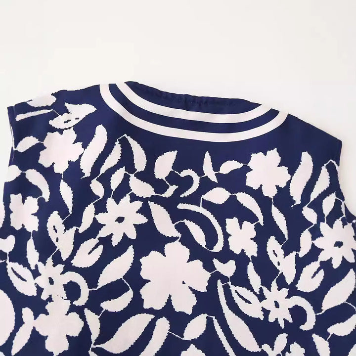 Dam lätt blouson jacka in blommig mönster med round neck, balloon ärmar, och kontrasterande stripes