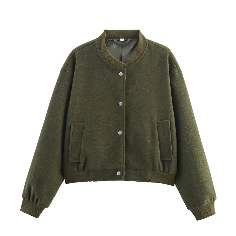 Dam 70+ Kort Ull Blend Blouson Jacka med Dragkedja, Skjort Krage och Lock Fickor