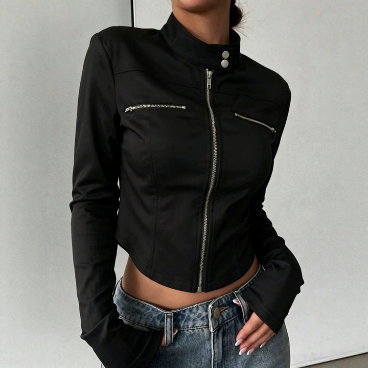 Dam figursydd Bonded Canvas bikerjacka med ståkrage och Chest Zippers