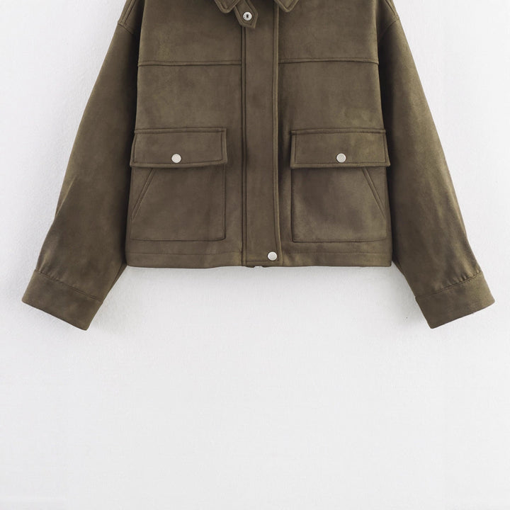 Dam boxy velour-look utility jacka med flap fickor och snap knäppning