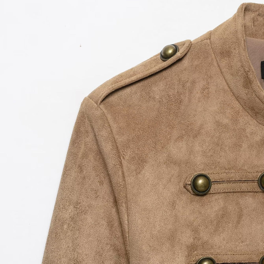 Dam Kort Jacka i Militär Stil med Ståkrage och Decorative Knapp Detail
