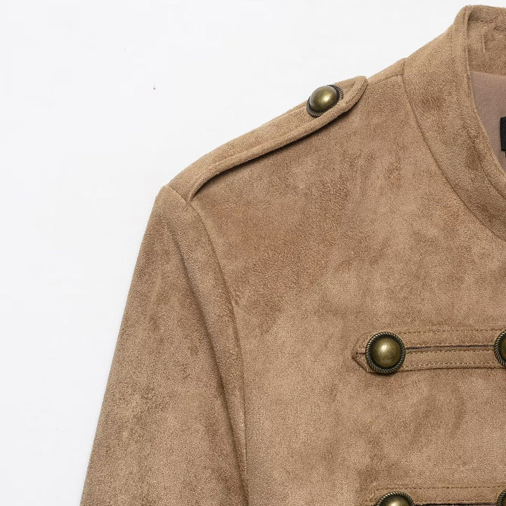 Dam Kort Jacka i Militär Stil med Ståkrage och Decorative Knapp Detail