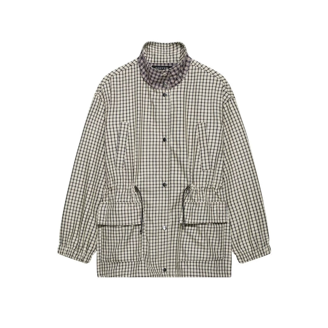 Dam Checked Oversize Parka med Drawstring, Stå Krage och Lock Fickor