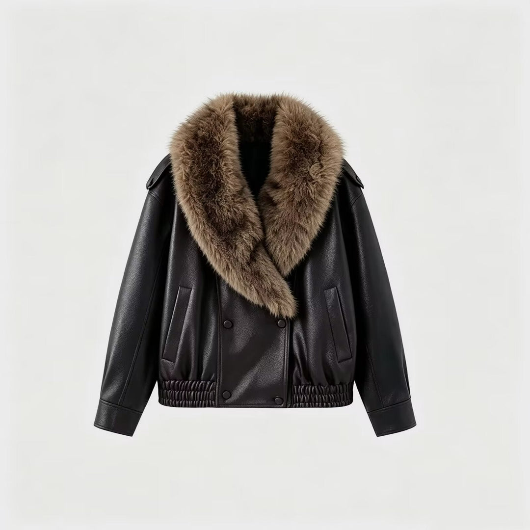 Dam Kort Skärning Double-Breasted Faux Läder Blouson med Elastic Nederkant