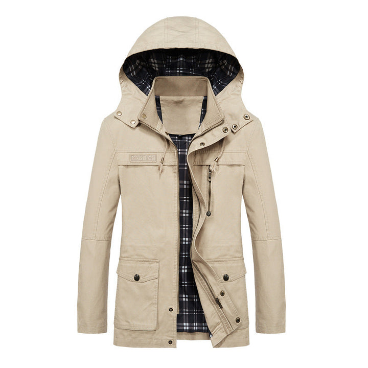 Herr Canvas Fält Parka med Huva, Rutig Foder och Multi-Function Fickor