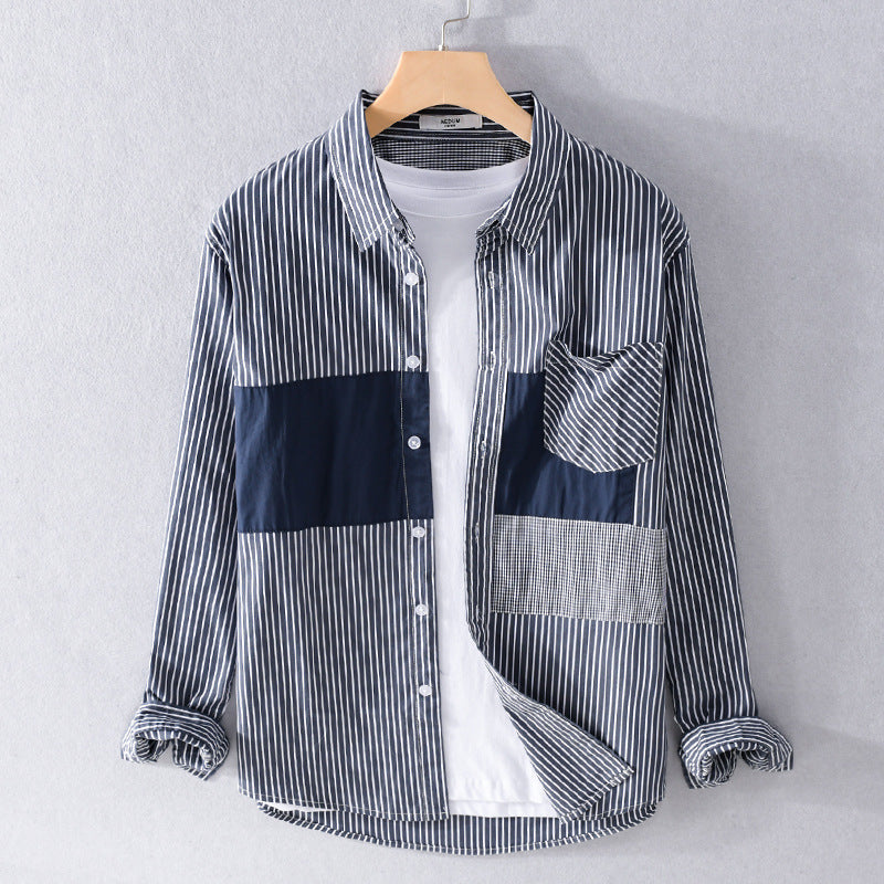 Herr Randig Overshirt med Färg Block Inlägg och Utanpå Bröstficka