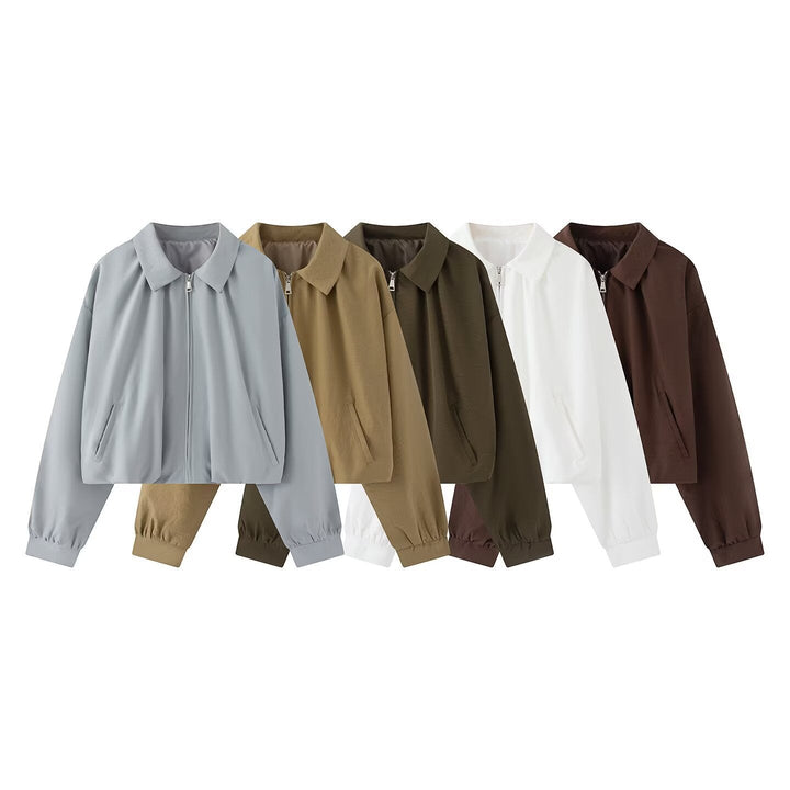 Dam Kort Boxig Jacka i Oversize Look med Skjort Krage, Dragkedja och Elastic Muddar