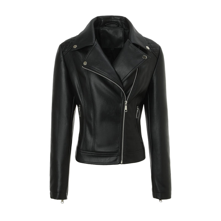 Dam skräddad biker läder jacka med kviltad shoulders och asymmetric dragkedja