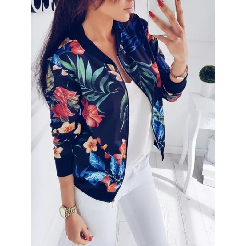 Dam blousonjacka med floral alla-över tryck, dragkedja och ribbstickade muddar