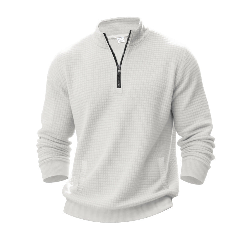 Herr Waffle Texture Halv Dragkedja Pullover med Ståkrage och Subtle Sidofickor