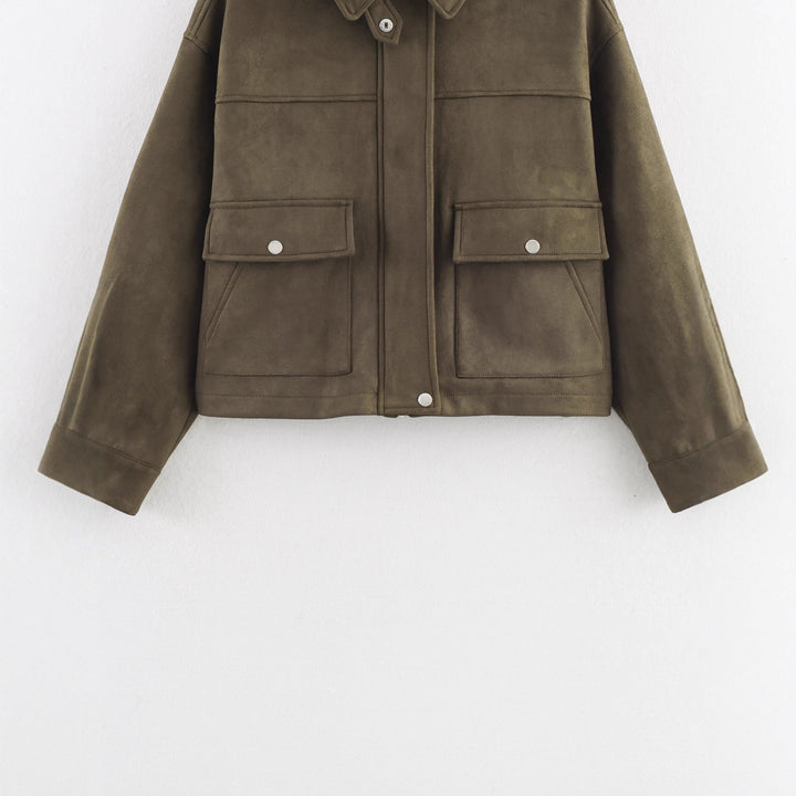 Dam kort skärning mocka look Utility jacka med Flap fickor