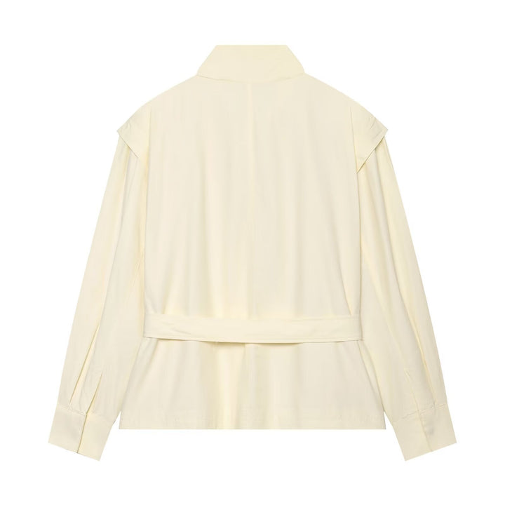 Dam Kort Jacka i Blouson Stil med Standing Krage, Tie Belt och Cape Shoulder