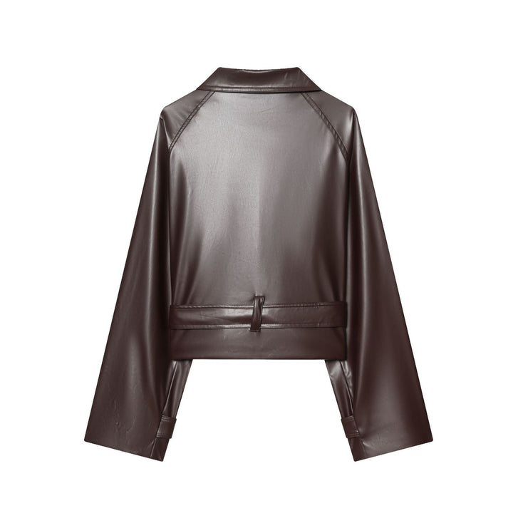 Dam Kort Skärning Faux Läder Trenchcoat med Oversize Lapels, Double-Breasted Knapp Knäppning och Tied Belt