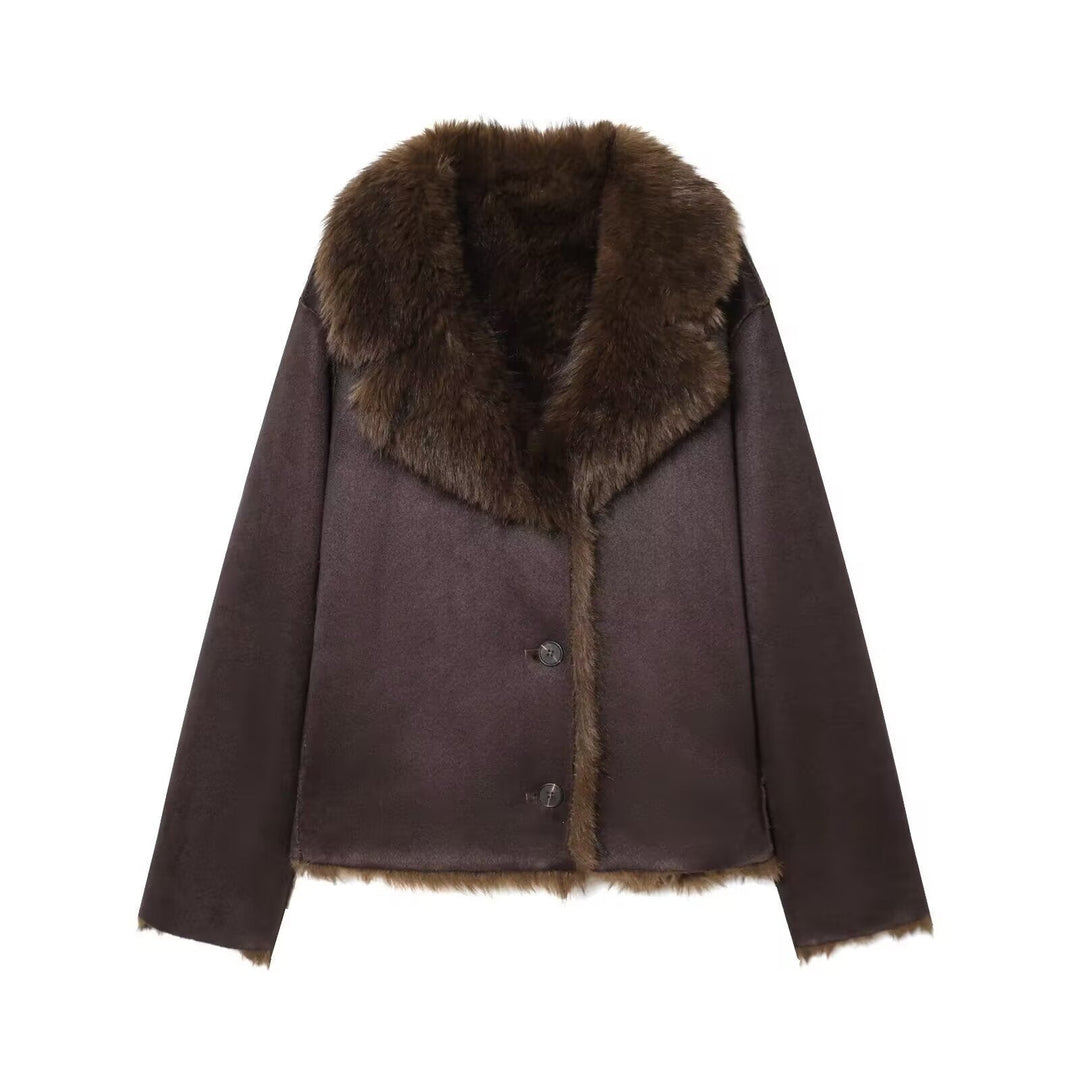 Dam Kort Ullblandning Blouson med Voluminous Konstpäls Krage